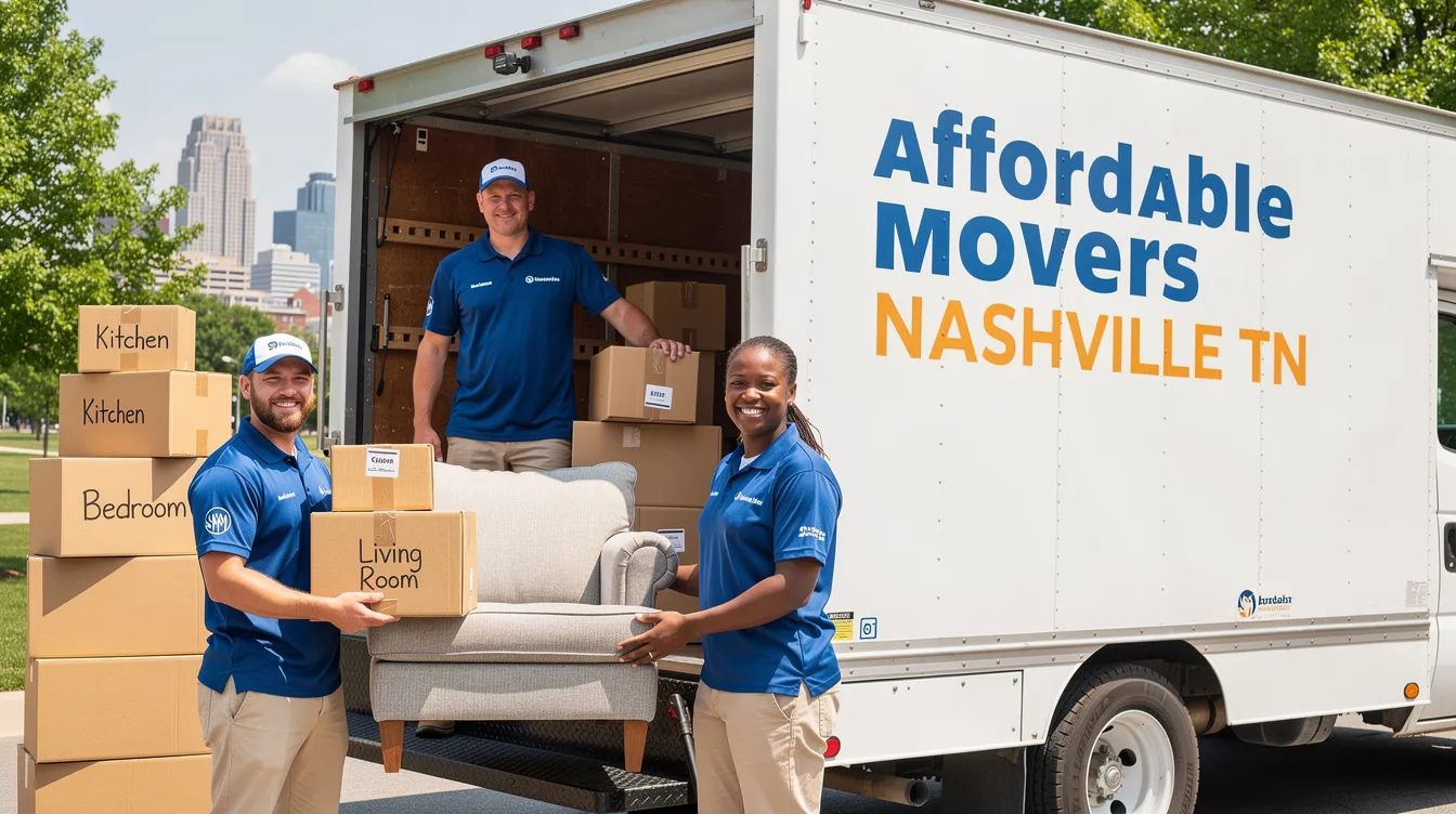 The image depicts a team of professional movers in Nashville, TN, efficiently loading a moving truck with boxes and furniture, showcasing their expertise in local and long distance moving services. Their friendly attitudes and commitment to customer satisfaction highlight the quality of this affordable moving company.