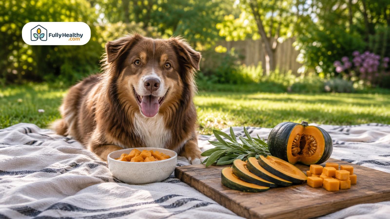 Brown dog resting outdoors near sliced squash and cooked squash bowl