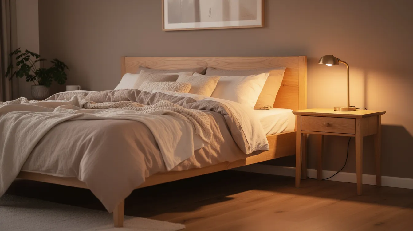 De afbeelding toont een warme slaapkamer met een hoog bed van hout, bedekt met zacht beddengoed. Naast het bed staat een nachtkastje met een leeslamp, wat bijdraagt aan de huiselijke uitstraling en het slaapcomfort.