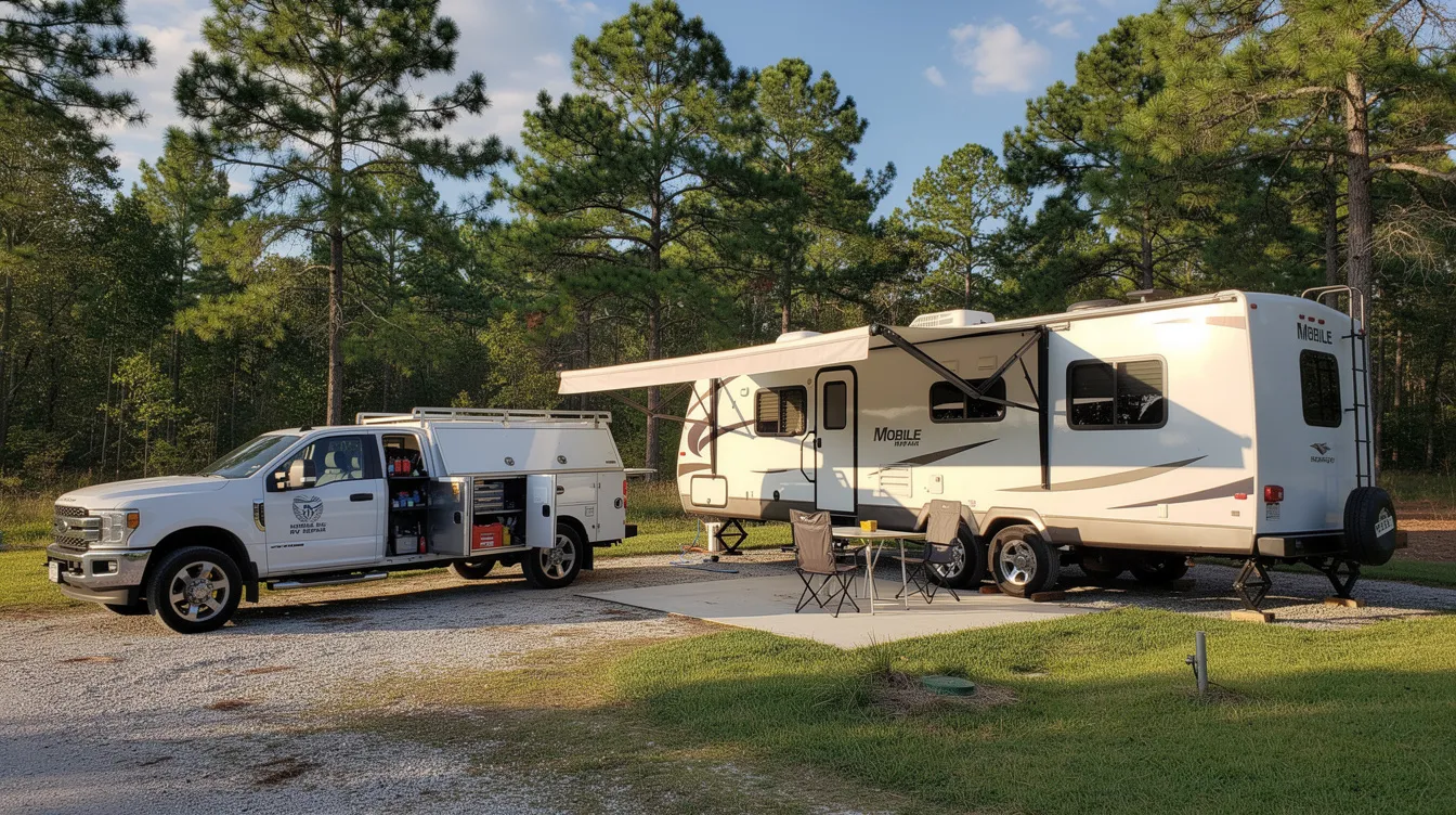 A mobile RV repair truck is parked next to a large travel trailer at a sunny campground, surrounded by tall pine trees. This scene highlights the availability of professional mobile RV service and maintenance, offering assistance for routine upkeep and major repairs at the campsite.