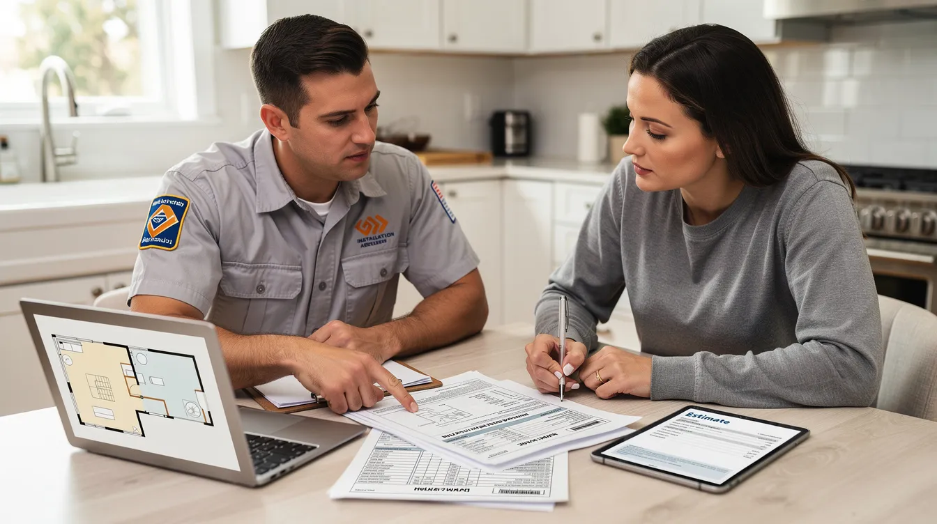 A homeowner and an HVAC contractor are seated at a kitchen table, going over installation paperwork for a new air conditioning system. They discuss details such as the central air conditioner cost and energy efficiency ratings to ensure the right HVAC system is selected for optimal cooling efficiency.