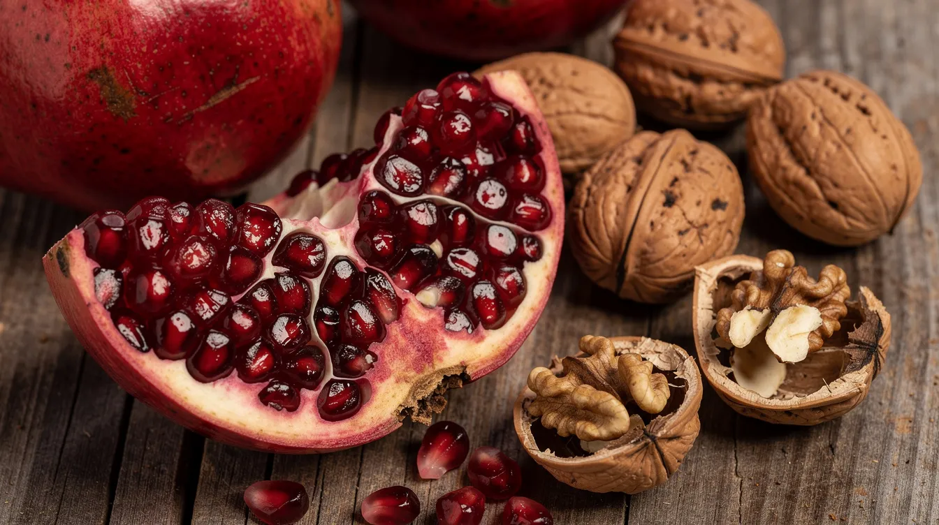 The image features fresh pomegranates cut open, revealing vibrant red seeds, placed alongside whole walnuts on a rustic wooden surface. This arrangement highlights the health benefits of these plant foods, known for their potential to support cellular health and improve mitochondrial function, particularly in middle-aged adults.