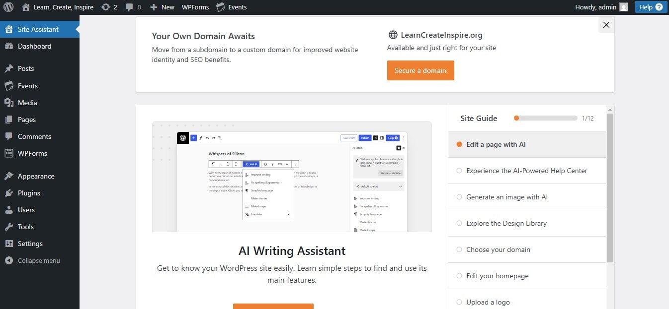 WordPress dashboard