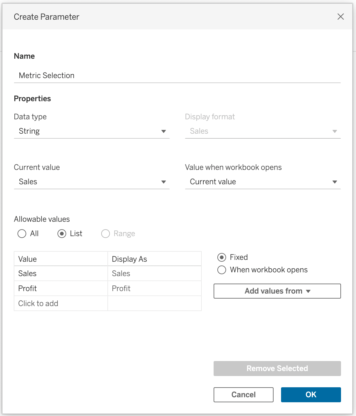 Create parameter called 'Metric Selection'