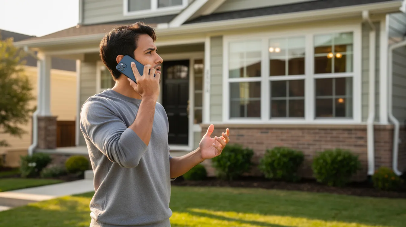 A real estate investor engaged in a phone conversation while examining the exterior of a property.