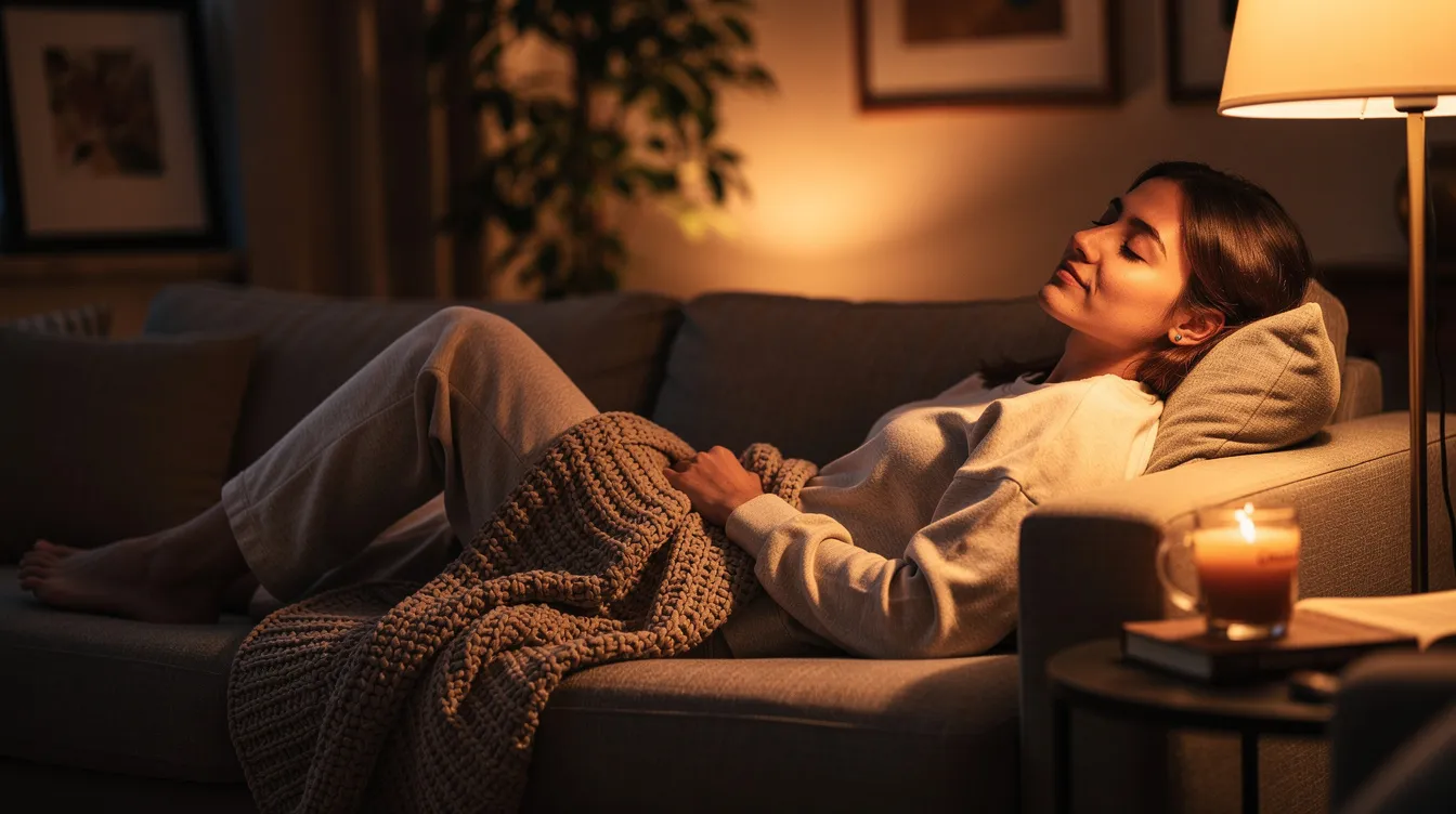 A person is lounging on a cozy couch bathed in warm, soft evening lamplight, wearing a peaceful expression that suggests relaxation and relief from stress. The serene atmosphere evokes a sense of calm, reminiscent of the soothing effects of the Kandy Kush strain, known for its sweet flavor and mood elevation.