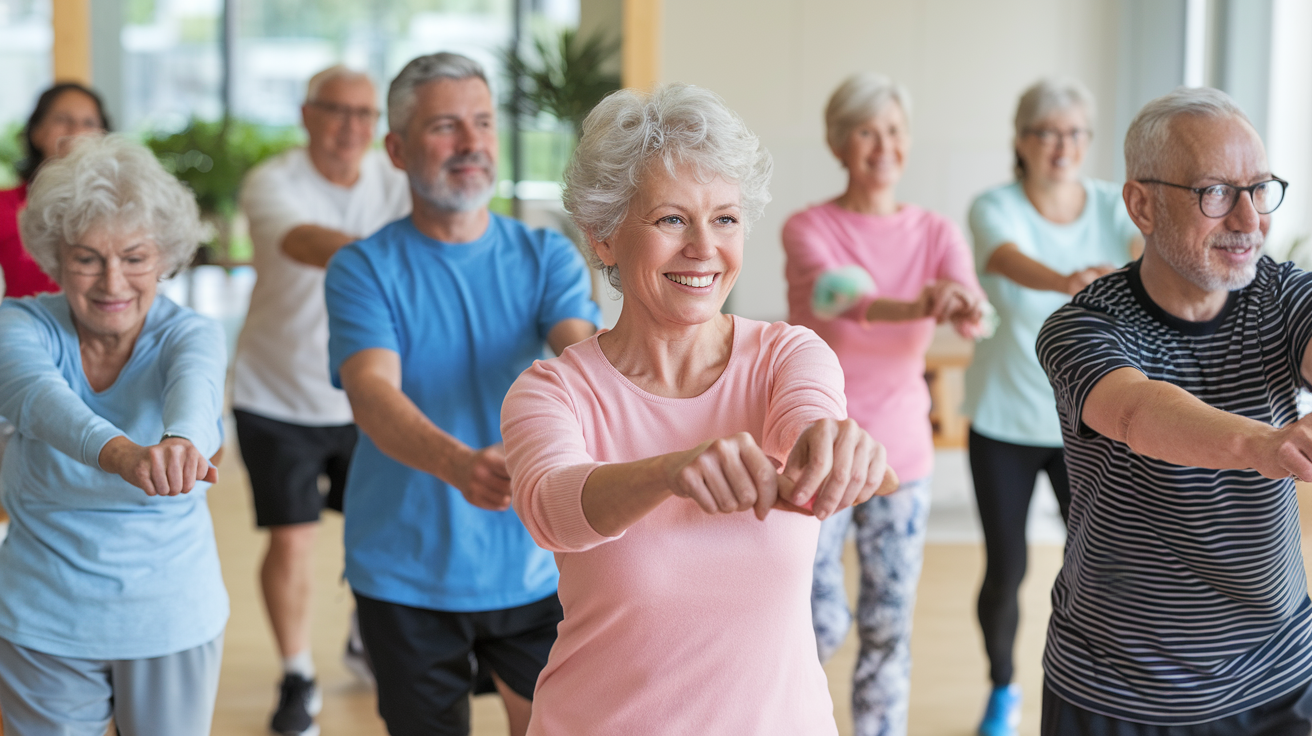 A group of older people in an aerobic exercise class.