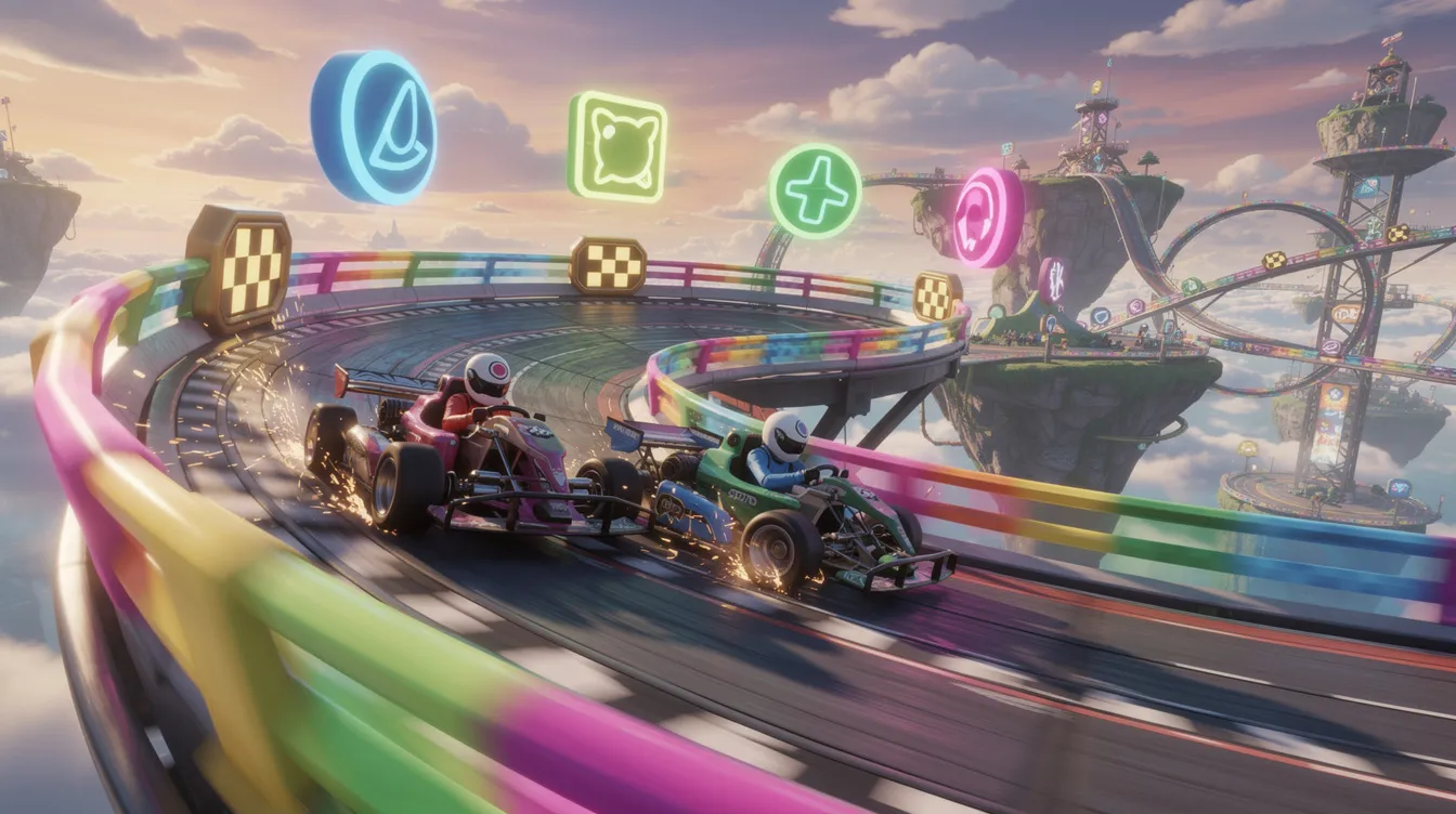 A vibrant scene from a fantasy racing track features colorful go-karts skillfully drifting around a sharp turn, with bright power-up items floating in the air, reminiscent of the exciting gameplay found in the Mario Kart series. This dynamic image captures the thrill of racing against other players, highlighting the game's engaging mechanics and colorful graphics.