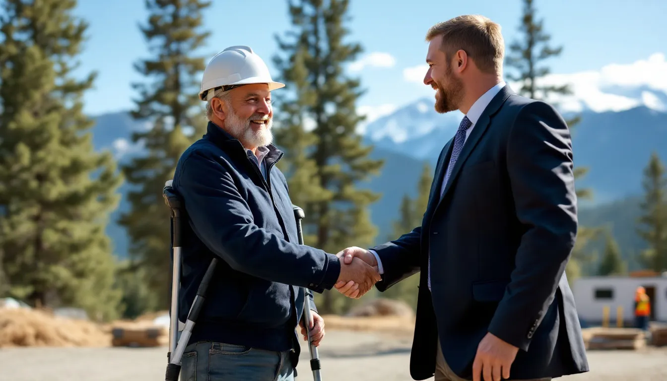 In a picturesque Colorado setting, a client wearing a hard hat and using crutches shakes hands with an experienced workers compensation attorney, expressing gratitude for their legal representation. This moment highlights the importance of legal assistance for injured employees seeking compensation for their personal injury cases.