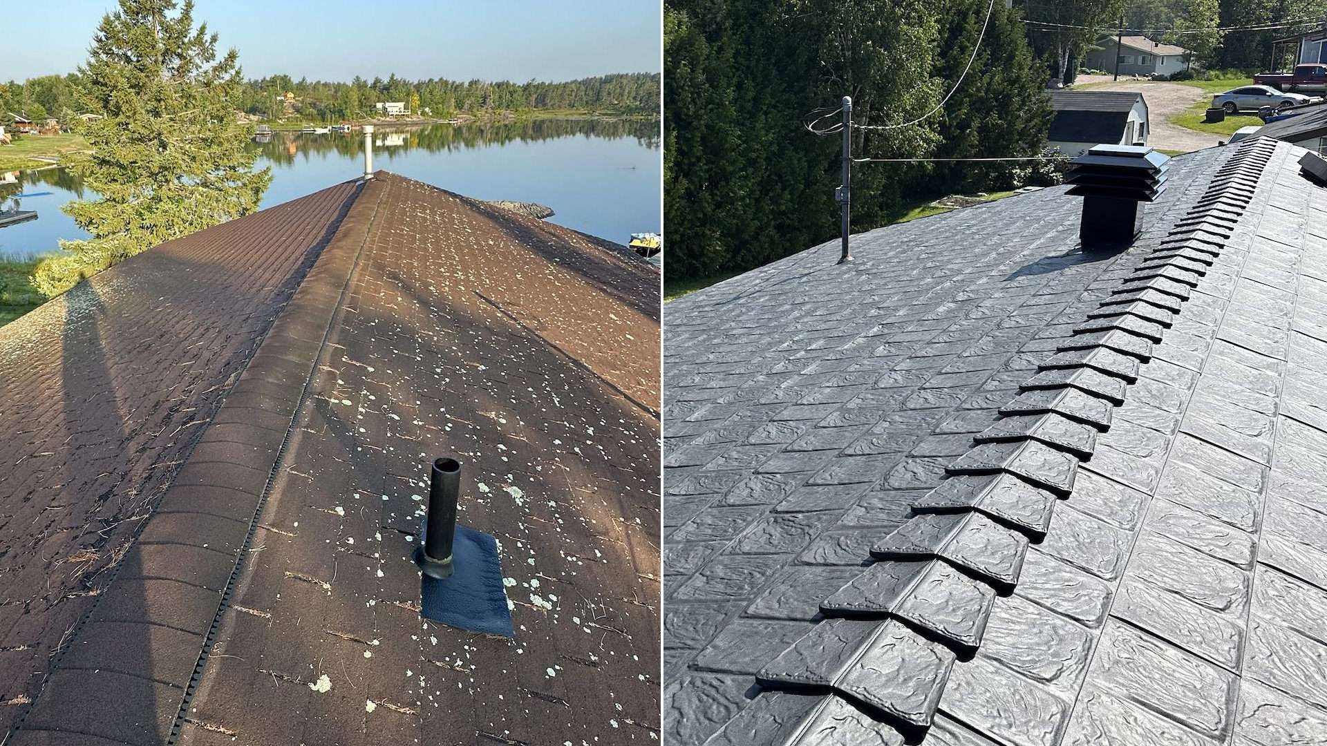 A side by side picture of an asphalt roof compared to a metal Armadura roof.