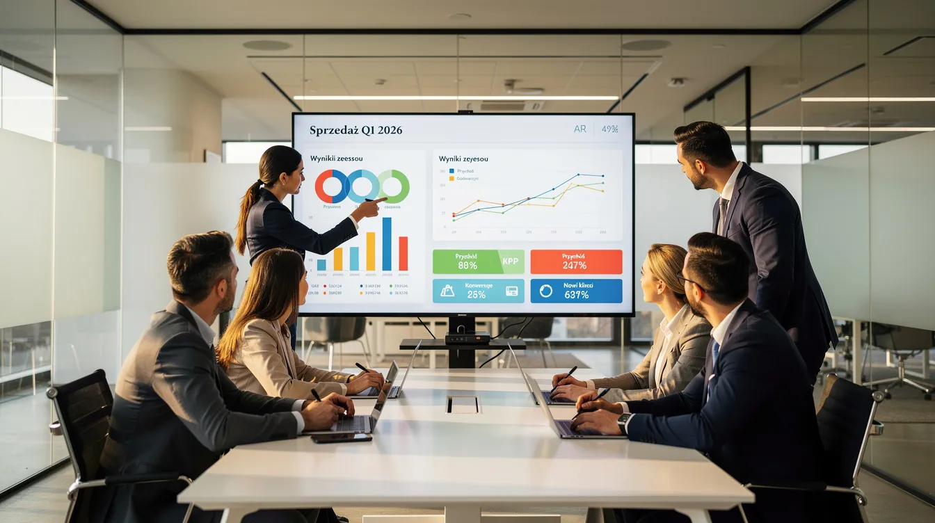 Zespół sprzedażowy analizuje dane na dużym ekranie w nowoczesnym biurze, korzystając z narzędzi HubSpot do zarządzania relacjami z klientami. W tle widoczne są wykresy i raporty, które pomagają w identyfikacji wartościowych leadów na każdym etapie ścieżki zakupowej.