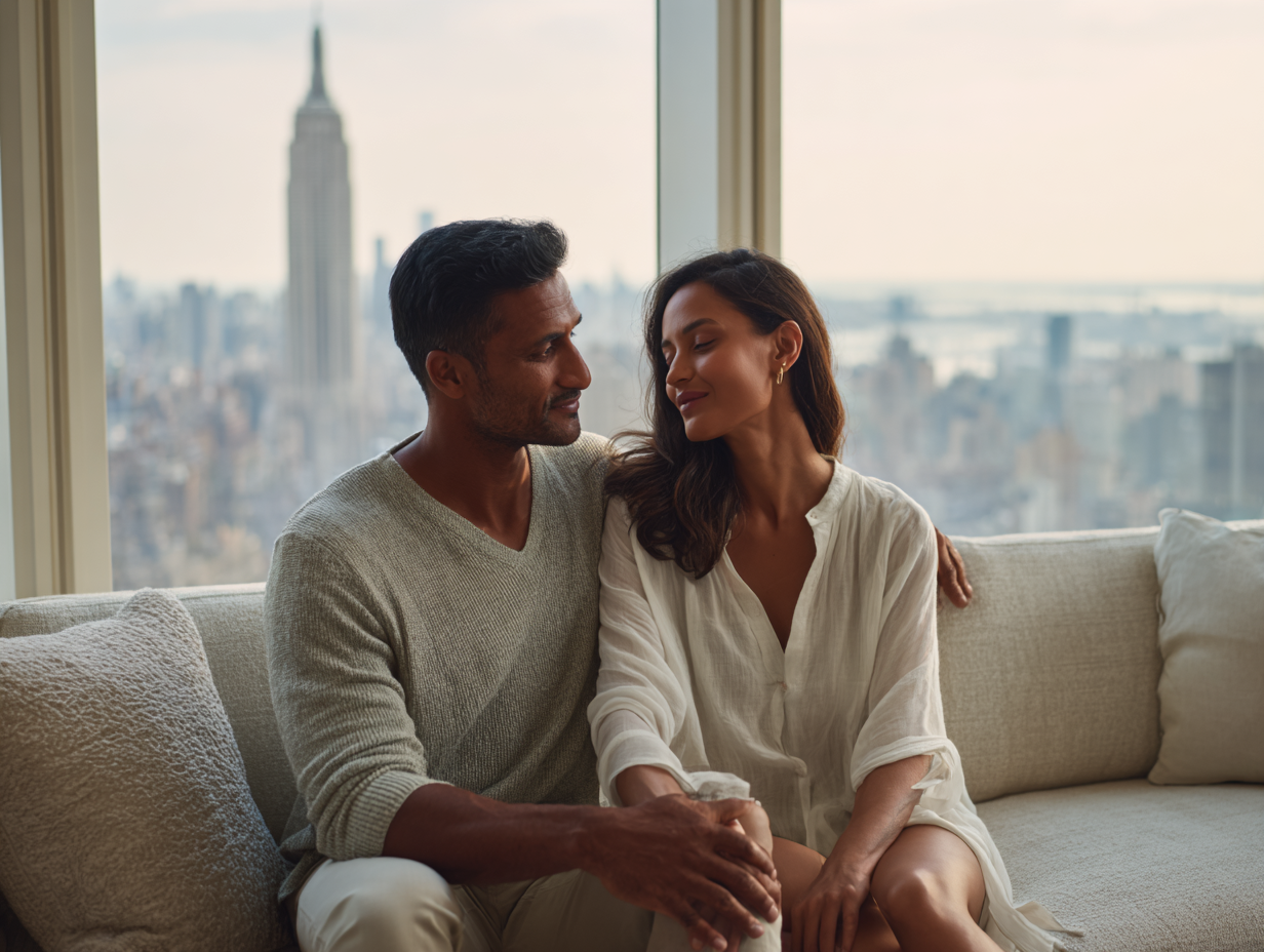 New York couple of Indian descent in Manhattan apartment calmly expressing needs during emotionally attuned conversation