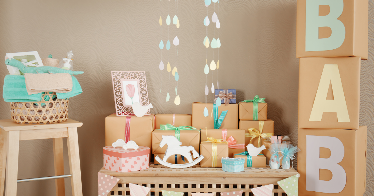 Create this look for your baby shower by covering empty boxes with brown paper and cutting the letters from colored cardstock.