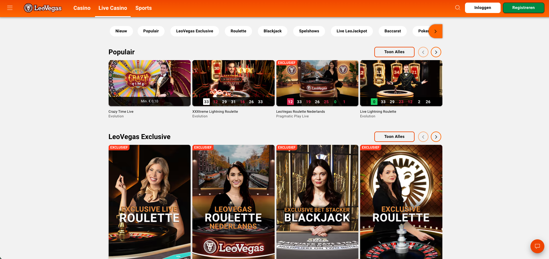 Overzicht van tafelspellen bij LeoVegas online casino, met populaire spellen zoals online roulette, blackjack en Lightning Roulette, onderdeel van het casino aanbod met tafelspellen, live casino spellen en gokkasten voor Nederlandse spelers.