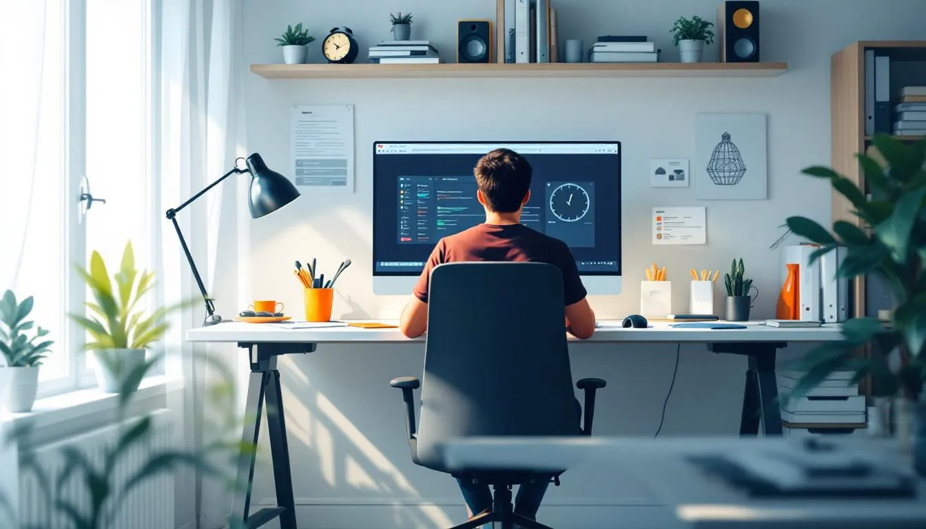 En person sitter lugnt vid ett skrivbord med en klocka synlig, vilket symboliserar ansvarsfullt spelande och kontrollerade spelvanor. Bilden förmedlar vikten av att spela på utländska casinon med omtanke och medvetenhet om tid.