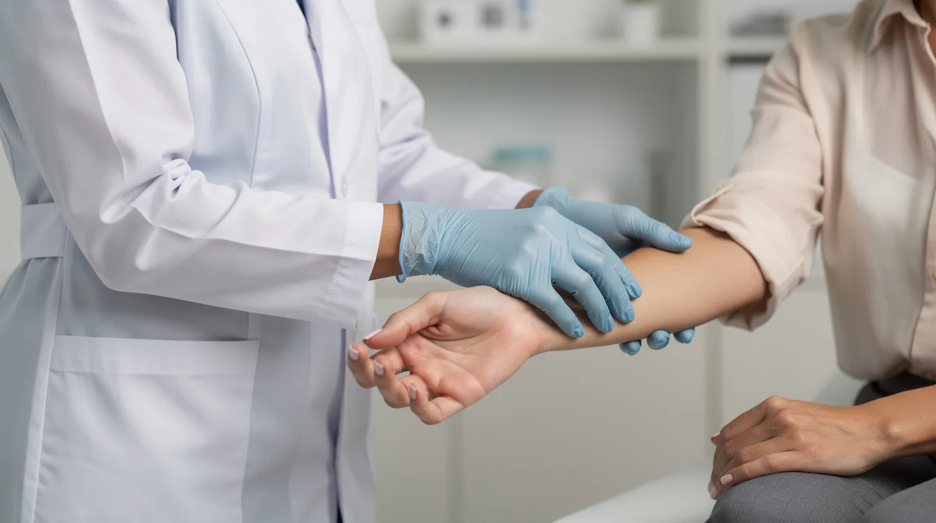 Imagen de un médico examinando las mamas de una paciente en una consulta clínica, donde se puede observar la atención hacia posibles anomalías como la retracción del pezón o condiciones relacionadas con el tejido mamario. El profesional utiliza técnicas adecuadas para evaluar la salud mamaria y abordar temas como el pezón invertido y sus causas.