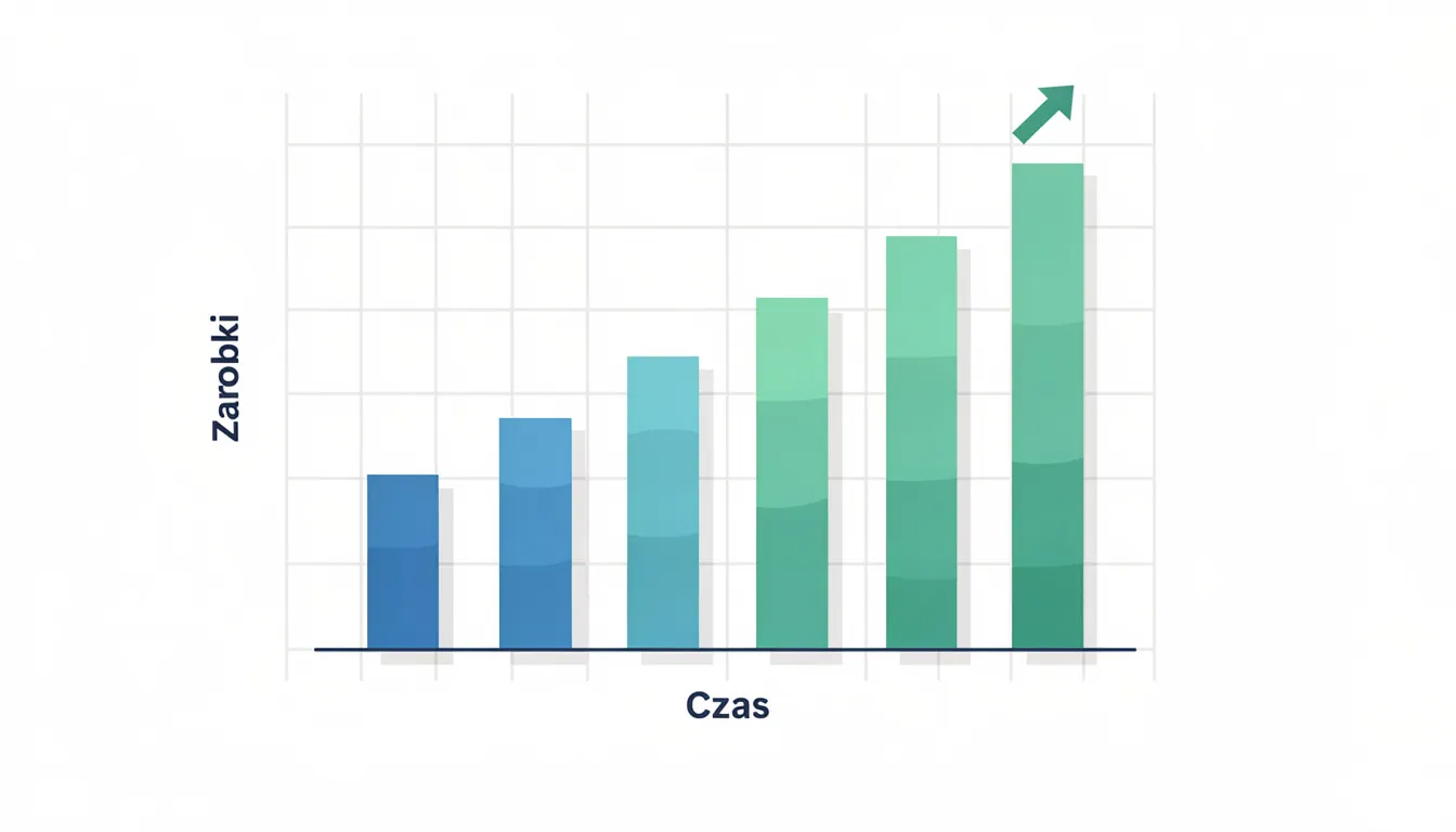 Wykres słupkowy przedstawia rosnące zarobki agenta ubezpieczeniowego, symbolizując rozwój kariery w branży ubezpieczeniowej. Wzrost słupków może odzwierciedlać sukces w pozyskiwaniu klientów i sprzedaży polis ubezpieczeniowych.