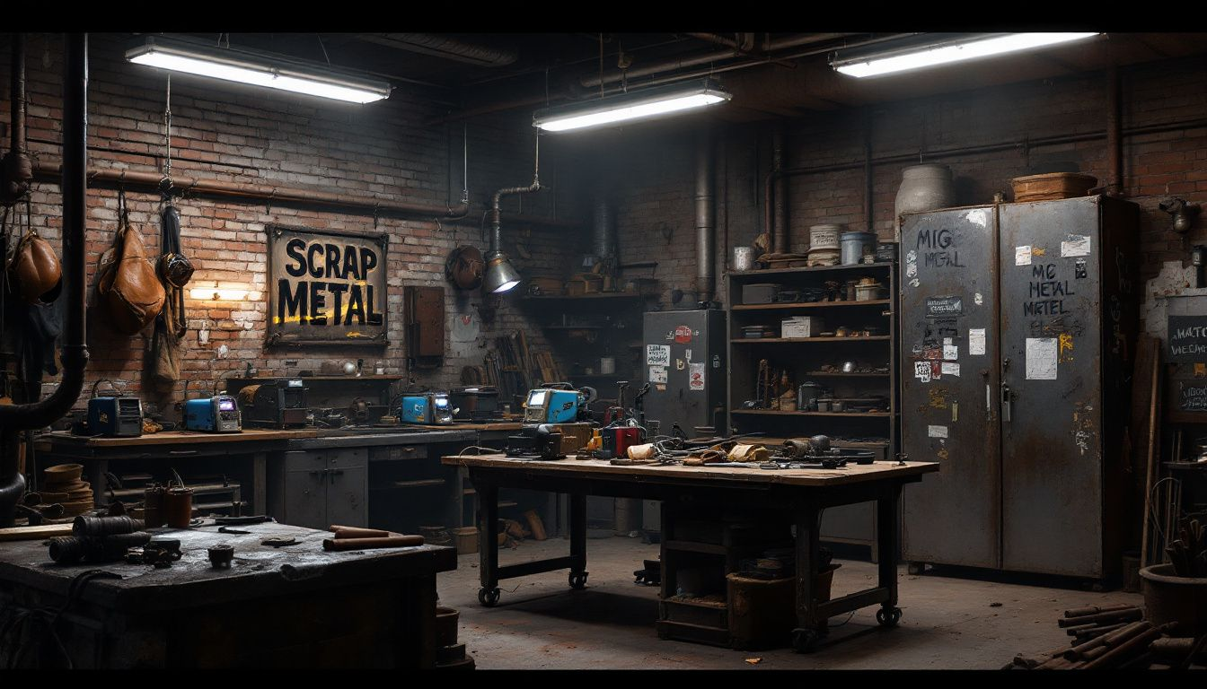 A variety of used MIG welders displayed in a workshop setting.