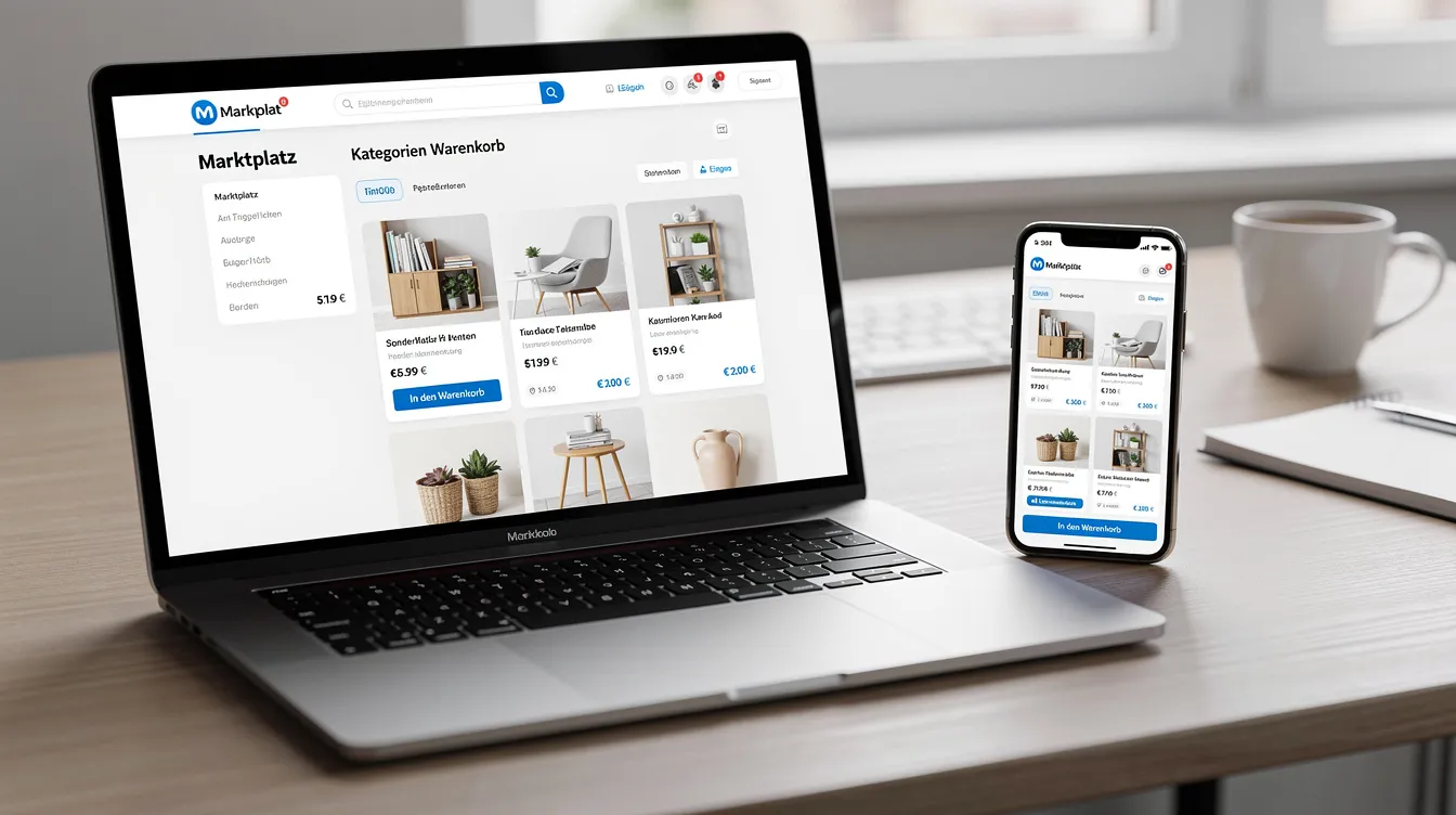 Auf einem Schreibtisch liegen ein Laptop und ein Smartphone nebeneinander, beide zeigen die Benutzeroberfläche einer Marktplatz-Plattform wie eBay Kleinanzeigen. Die Geräte sind bereit für die Anmeldung, um nach Artikeln oder Anzeigen zu suchen.