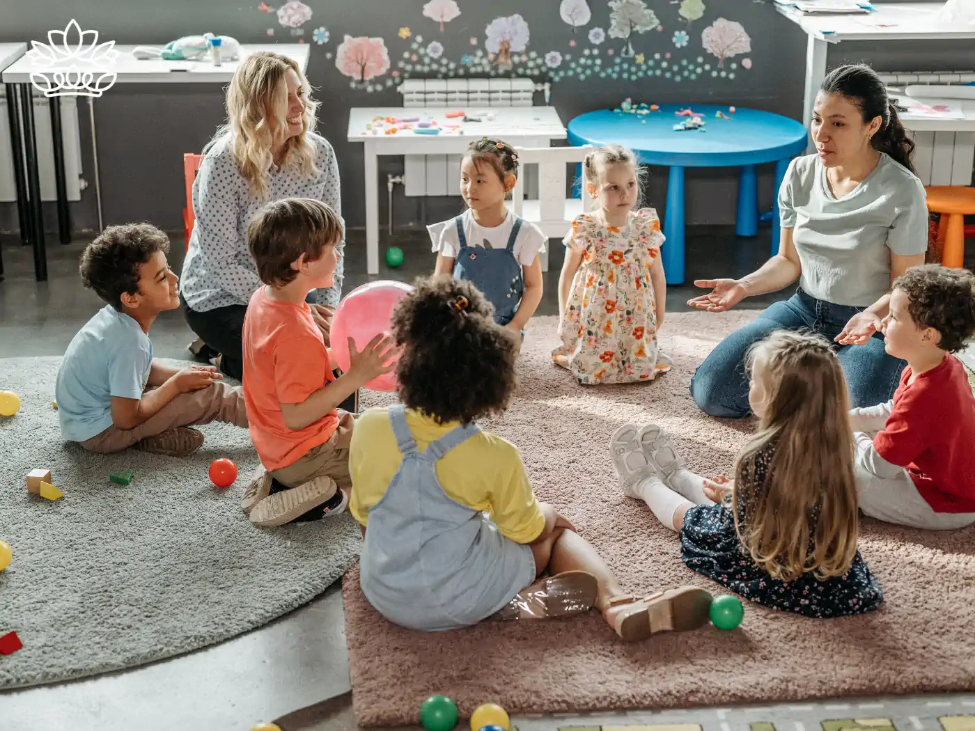 Two teachers engaging with a diverse group of preschool children sitting on a rug, playing with colorful balloons and balls in a vibrant classroom setting. Teachers & Educators Gift Boxes. Delivered with Heart. Fabulous Flowers and Gifts.