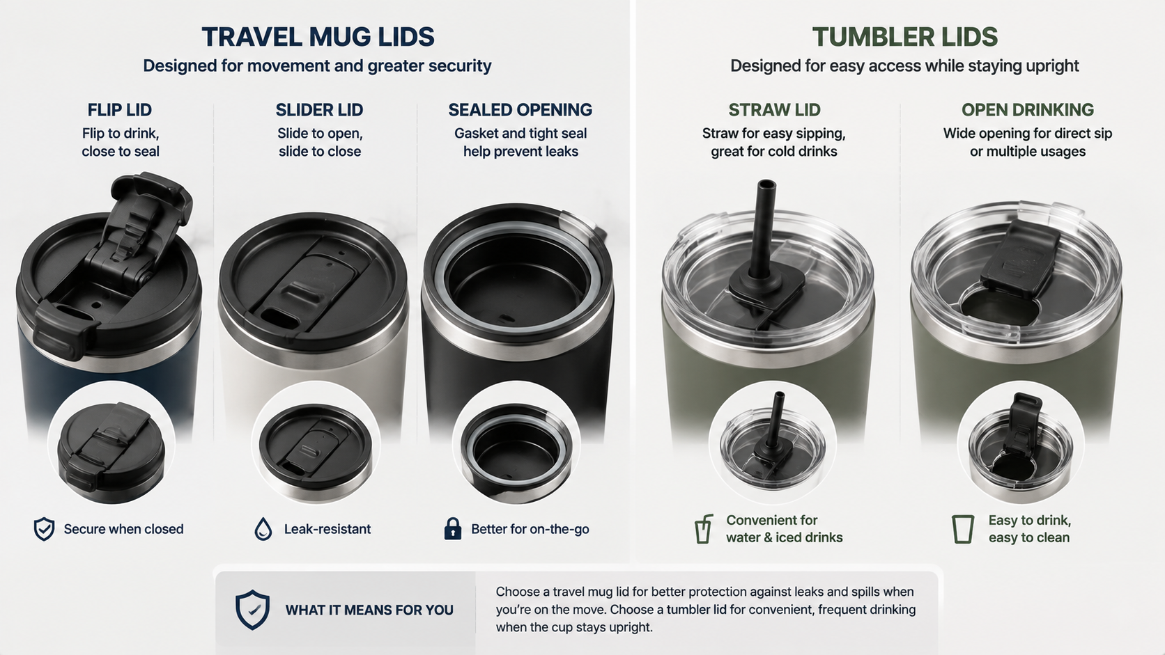 Travel mug and tumbler lid comparison showing flip, slider, sealed, straw, and open-drinking designs for different carry needs