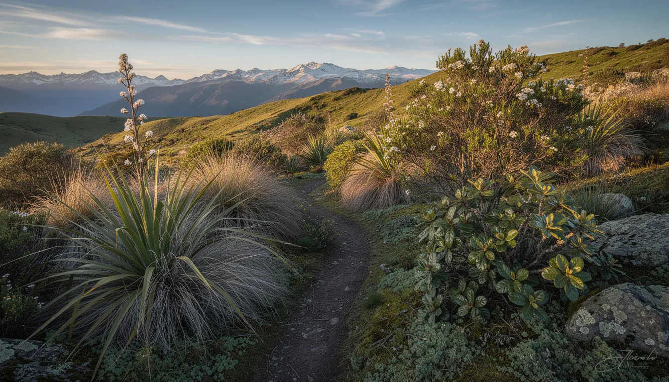 The image depicts a serene New Zealand landscape filled with native plants and herbs, showcasing lush greenery and vibrant flora. This tranquil setting is ideal for promoting restful sleep and supporting relaxation, particularly for perimenopausal and menopausal women experiencing symptoms such as hot flashes and insomnia.