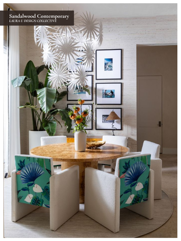 the 70s-inspired breakfast area at Sandalwood Contemporary with a burl table and boucle chairs