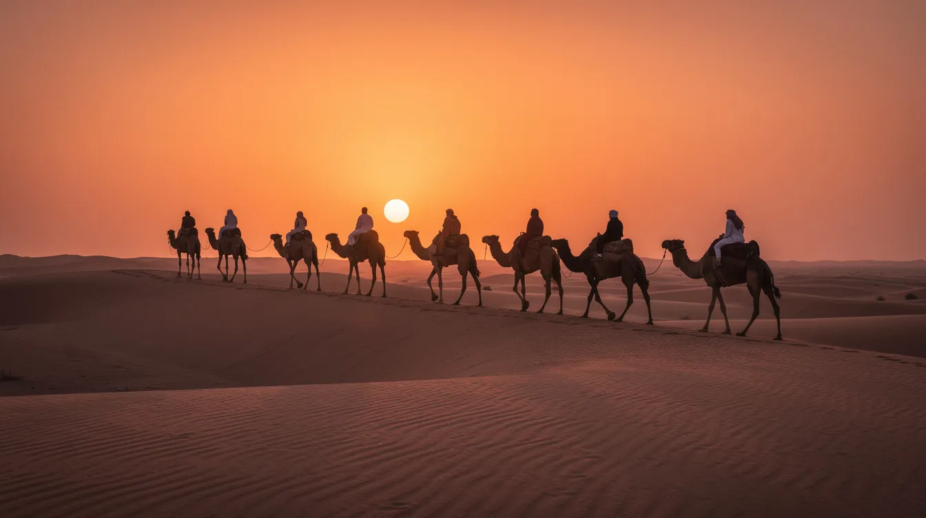 A camel caravan is silhouetted against a vibrant orange sunset sky in the serene Sahara Desert, showcasing the natural beauty and rich history of North Africa. This picturesque scene captures the essence of adventure and the unforgettable journey that awaits travelers exploring Morocco's diverse landscapes.