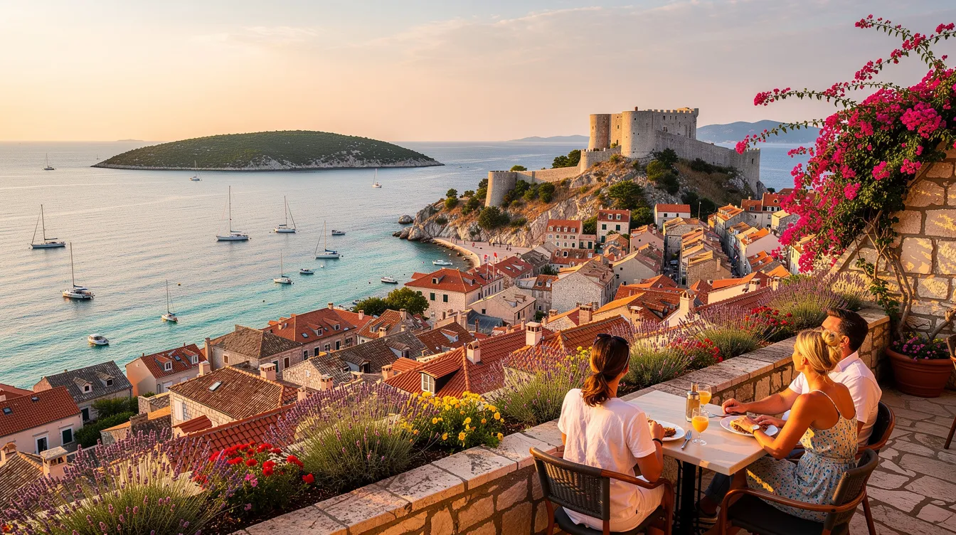A imagem retrata a bela vista da ilha de Hvar, na Croácia, durante o verão, com suas praias de águas cristalinas do mar Adriático e o centro histórico da cidade antiga ao fundo, repleto de turistas desfrutando da atmosfera vibrante e das atrações locais.