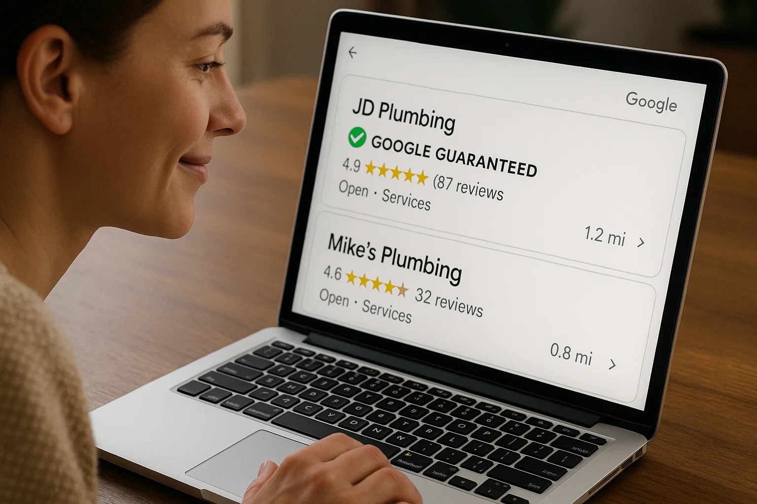 Customer choosing a Google Guaranteed business listing online as a trusted option.