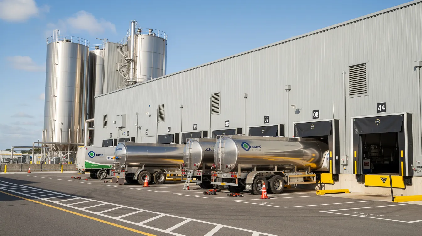 The image depicts the exterior of an industrial dairy plant featuring large loading docks and milk tanker trucks parked nearby, indicative of a ghee manufacturing plant. This facility is designed for efficient milk processing and production, reflecting the scale and operational capacity required in the ghee manufacturing industry.
