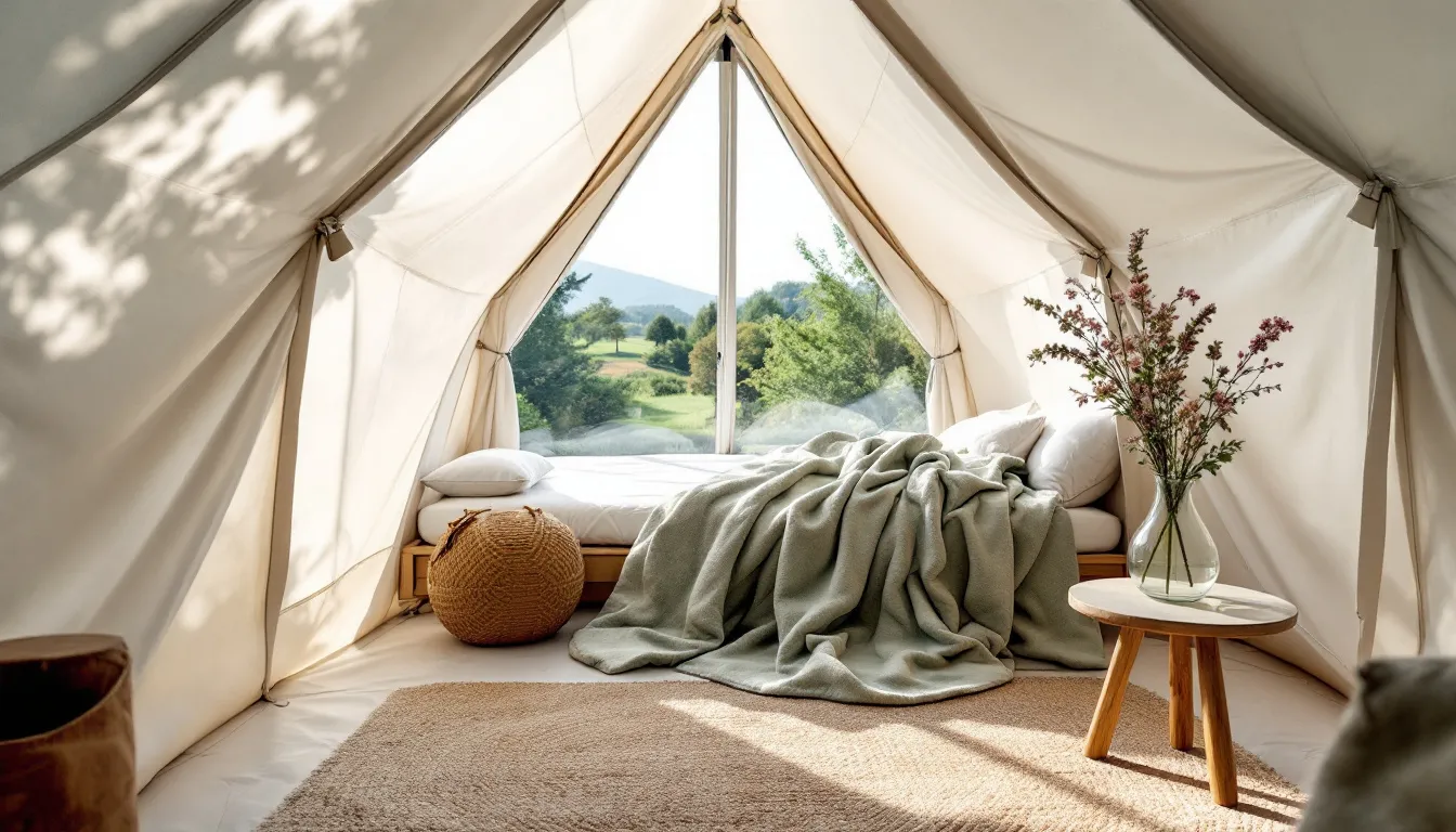 Accessories for glamping comfort arranged inside a luxurious tent.