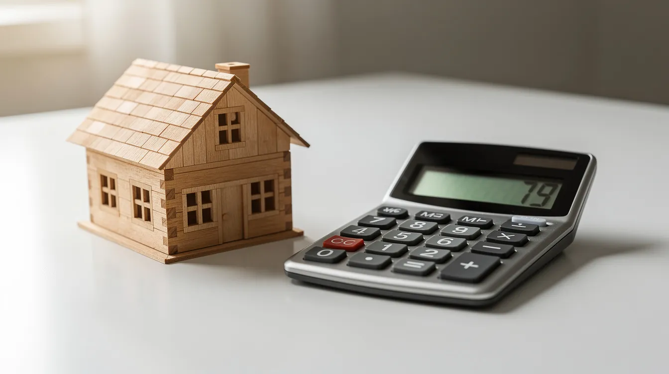 The image features a calculator next to a small wooden model house on a clean desk, symbolizing financial planning for homeowners. This setup could represent concepts like home equity loans or the evaluation of a debt to income ratio when considering borrowing funds for home renovations.