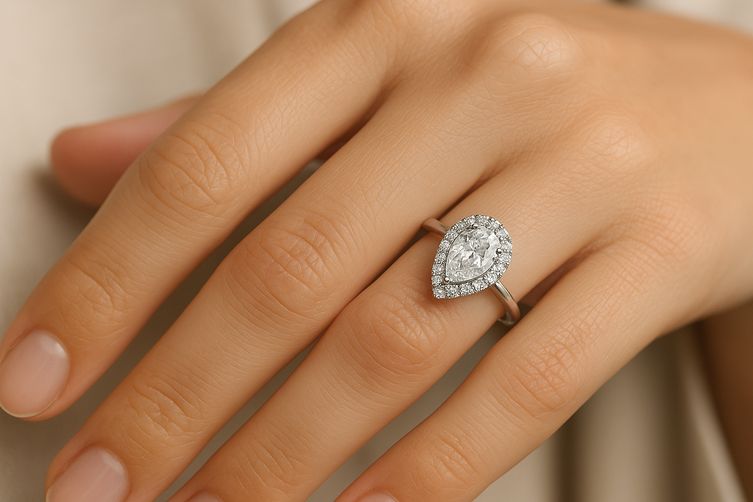 Stilīgas sievietes roka ar baltā zelta saderināšanās gredzenu, kurā pear (lāses) formas dimants ir ieskauts ar mazākiem apaļiem dimantiem halo dizainā