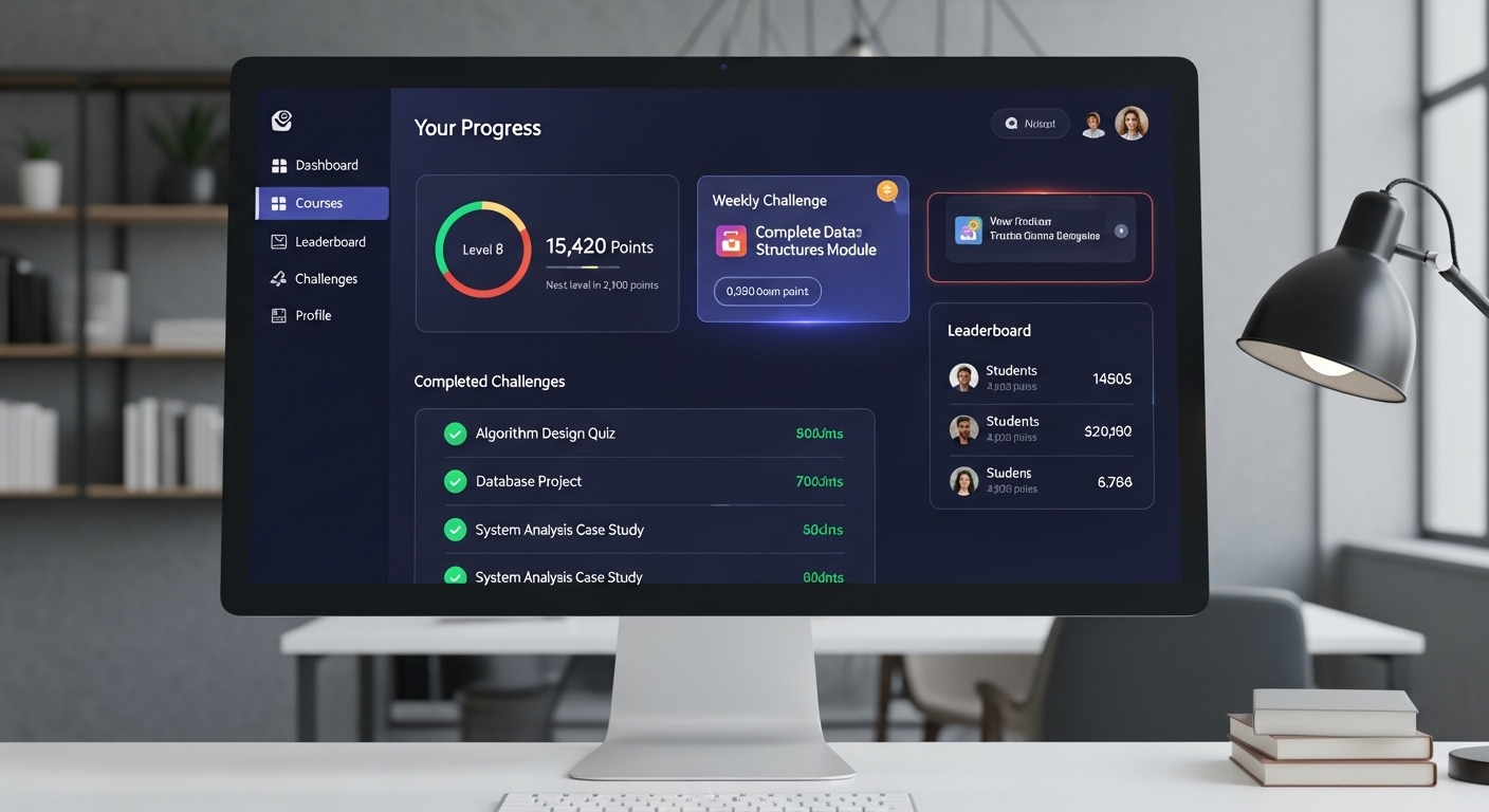 University-level gamified learning interface showing points, levels, and completed challenges in a professional UI design.