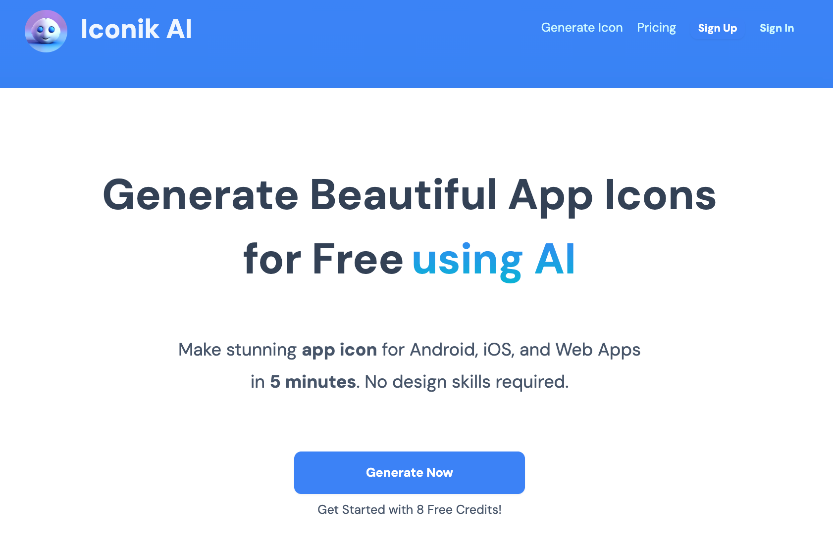 Iconik AI homepage promoting free AI-powered app icon generation for Android, iOS, and web apps in under 5 minutes.