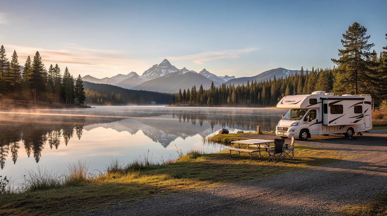 An RV is parked at a serene lakeside campsite, surrounded by majestic mountains in the background. This scenic view highlights the beauty of recreational vehicles, perfect for those seeking adventure while ensuring they have the right RV insurance coverages for their travels.