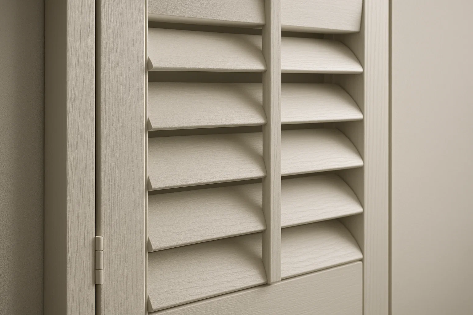 Close-up of wooden plantation shutters in a modern UK home