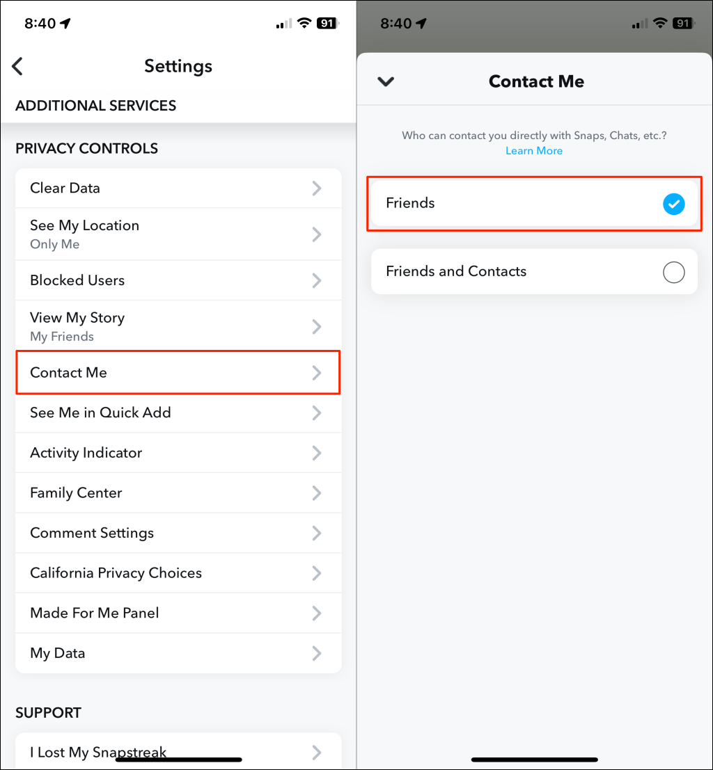 Steps to change Snapchat privacy settings