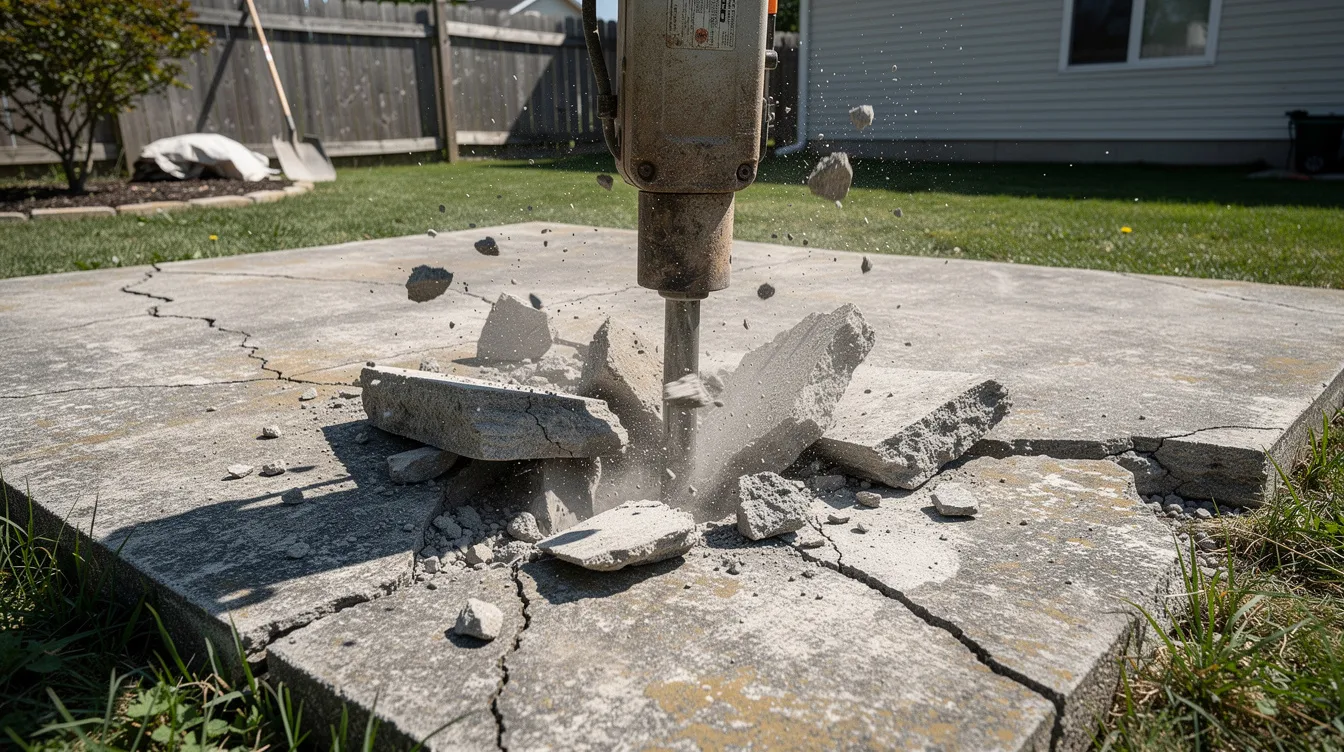 A jackhammer is actively breaking apart an old concrete patio slab in a residential backyard, creating debris and dust as part of a concrete removal project. Surrounding structures are visible, emphasizing the scale of the work being done by professional contractors.