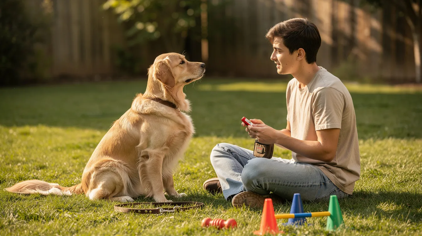The image depicts a golden retriever puppy attentively sitting in a spacious, comfortable training area, surrounded by colorful chew toys and a leash, symbolizing the foundations of effective golden retriever training. The scene captures the essence of positive reinforcement and early training techniques essential for raising well-behaved golden retrievers.