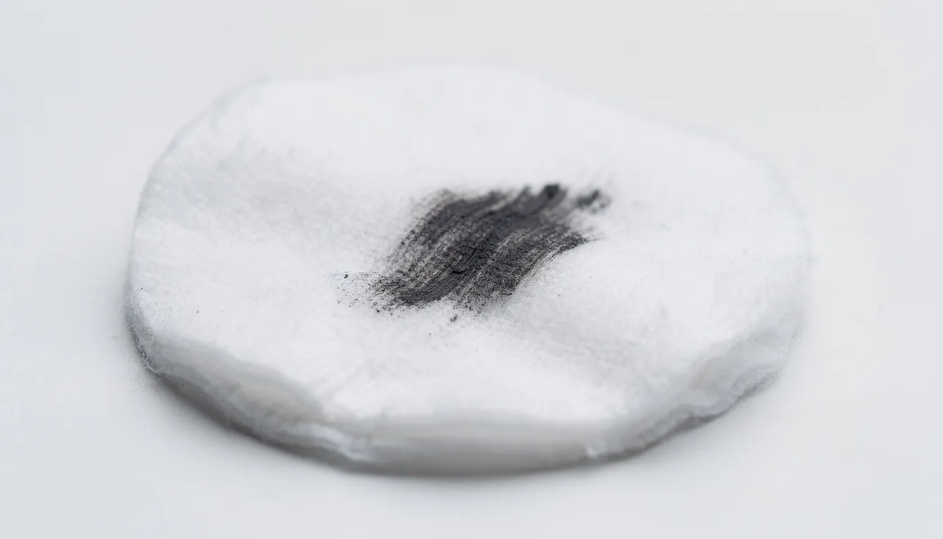 A close-up image of a clean cotton pad reveals dark eye makeup pigment against a white fabric background, showcasing the effectiveness of a good eye makeup remover for stubborn eye makeup. The cotton pad highlights the removal of waterproof mascara and eyeliner, emphasizing a gentle and effective makeup removal process.