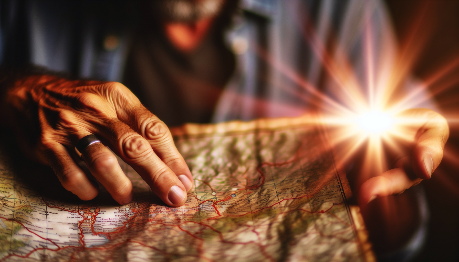 Traveler's hands holding a map with a guiding light shining on the destination