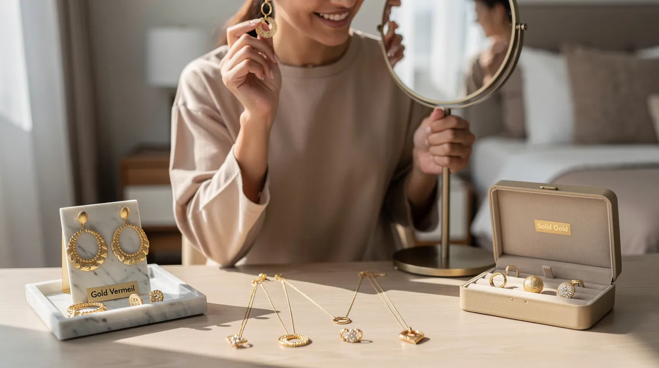 The image features a collection of stylish gold vermeil jewellery, including statement earrings, pendants, and necklaces, all designed to complement personal style while being an affordable option compared to solid gold. The pieces showcase a luxurious look with a thick layer of gold over a sterling silver base, perfect for everyday wear or special occasions.