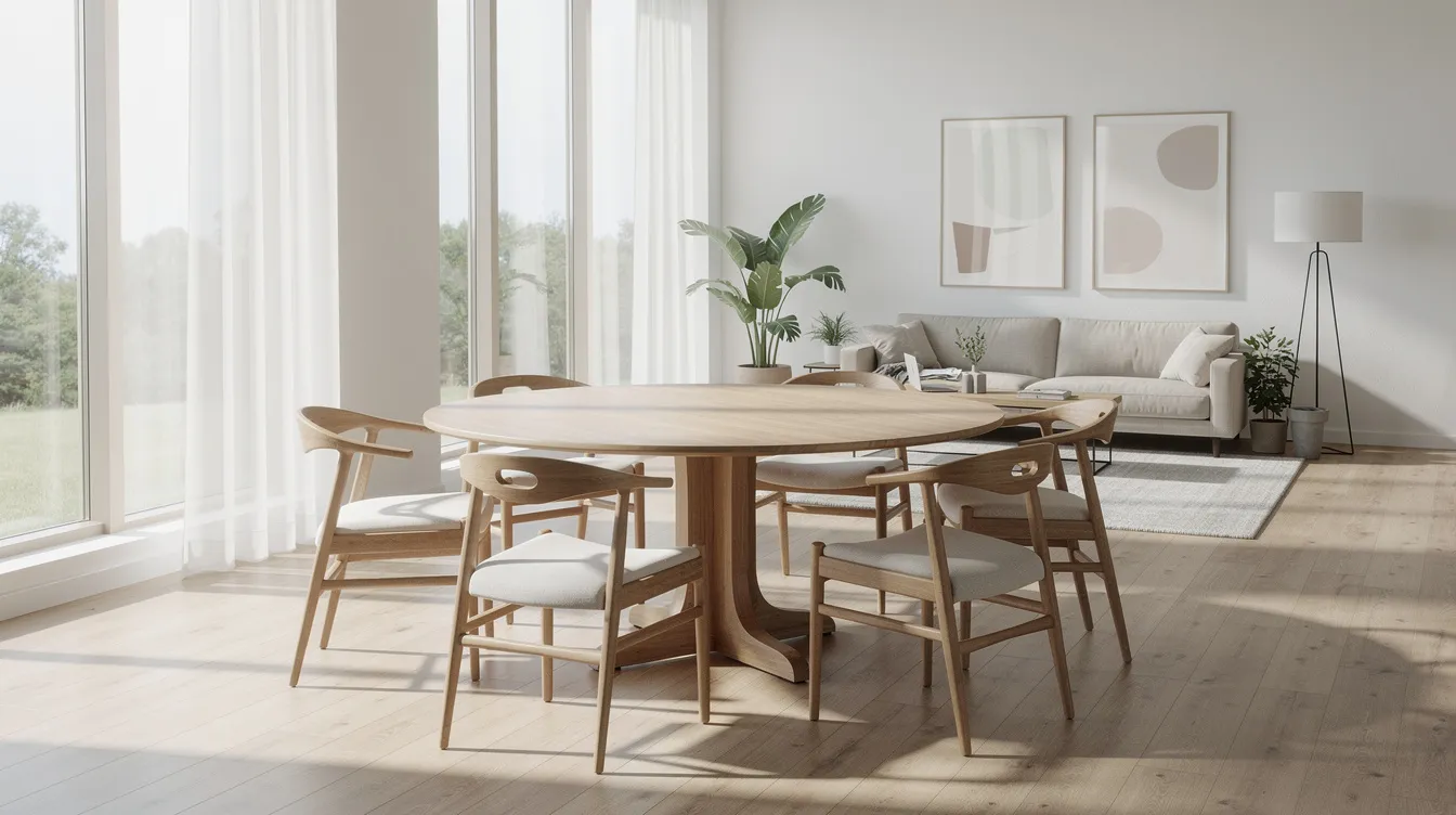 Een ronde houten eettafel voor 8 personen staat centraal in een ruime en lichte woonkamer, omringd door acht comfortabele eetkamerstoelen die een gezellige sfeer creëren voor diners met vrienden en familie. Het tafelblad heeft een matte lakafwerking en de ruimte biedt voldoende ruimte voor een ontspannen eetervaring.