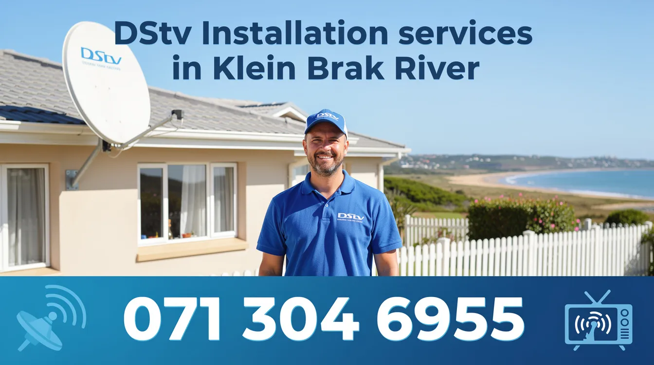 The image features a professional DStv installation service advertisement for Klein Brak River, showcasing contact information and highlighting services such as satellite TV setup, DStv dish installation, and reliable installations by accredited DStv installers. The design emphasizes efficiency and competitive pricing for both residential and commercial clients.