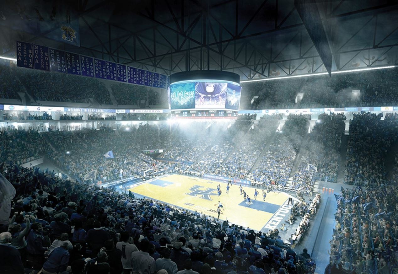 Big Event happening at Rupp Arena with seats filled and lights and basketballers on the turf dragging it out