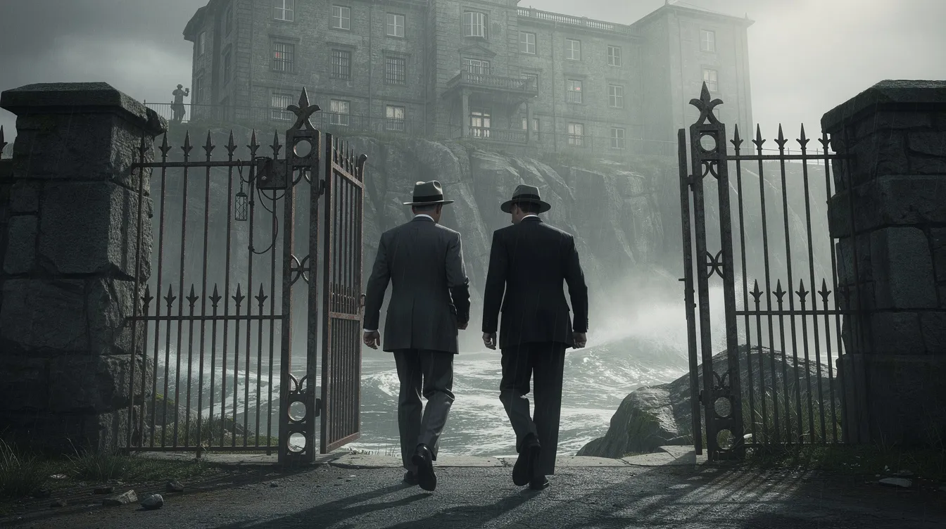 Zwei Männer in eleganten Anzügen und typischen Hüten der 1950er Jahre schreiten durch das neblige Tor der imposanten Ashecliffe-Klinik auf einer felsenartigen Insel, was an die düstere Atmosphäre des Psychothrillers "Shutter Island" erinnert. Die Szenerie vermittelt ein Gefühl von Geheimnissen und Verschwörung, während die beiden Ermittler, angeführt von Teddy Daniels, sich auf die Suche nach der verschwundenen Patientin Rachel Solando begeben.