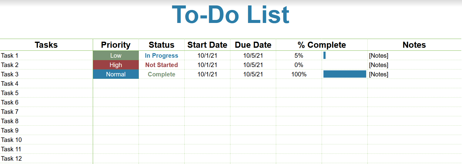 A screenshot of a to-do list template for Google Sheets.