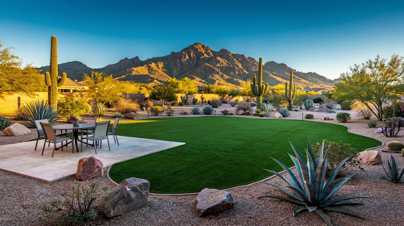 The image depicts a vibrant artificial grass backyard set against the arid Arizona desert, featuring a stylish patio and stunning mountain views in the background. This low-maintenance synthetic turf offers a lush green appearance, ideal for outdoor spaces while providing durability against foot traffic and sun exposure.